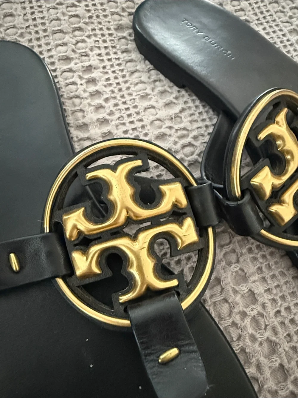 Tory Burch Miller Soft, Metal Logo Sandals, Perfect Black, Size 6.5